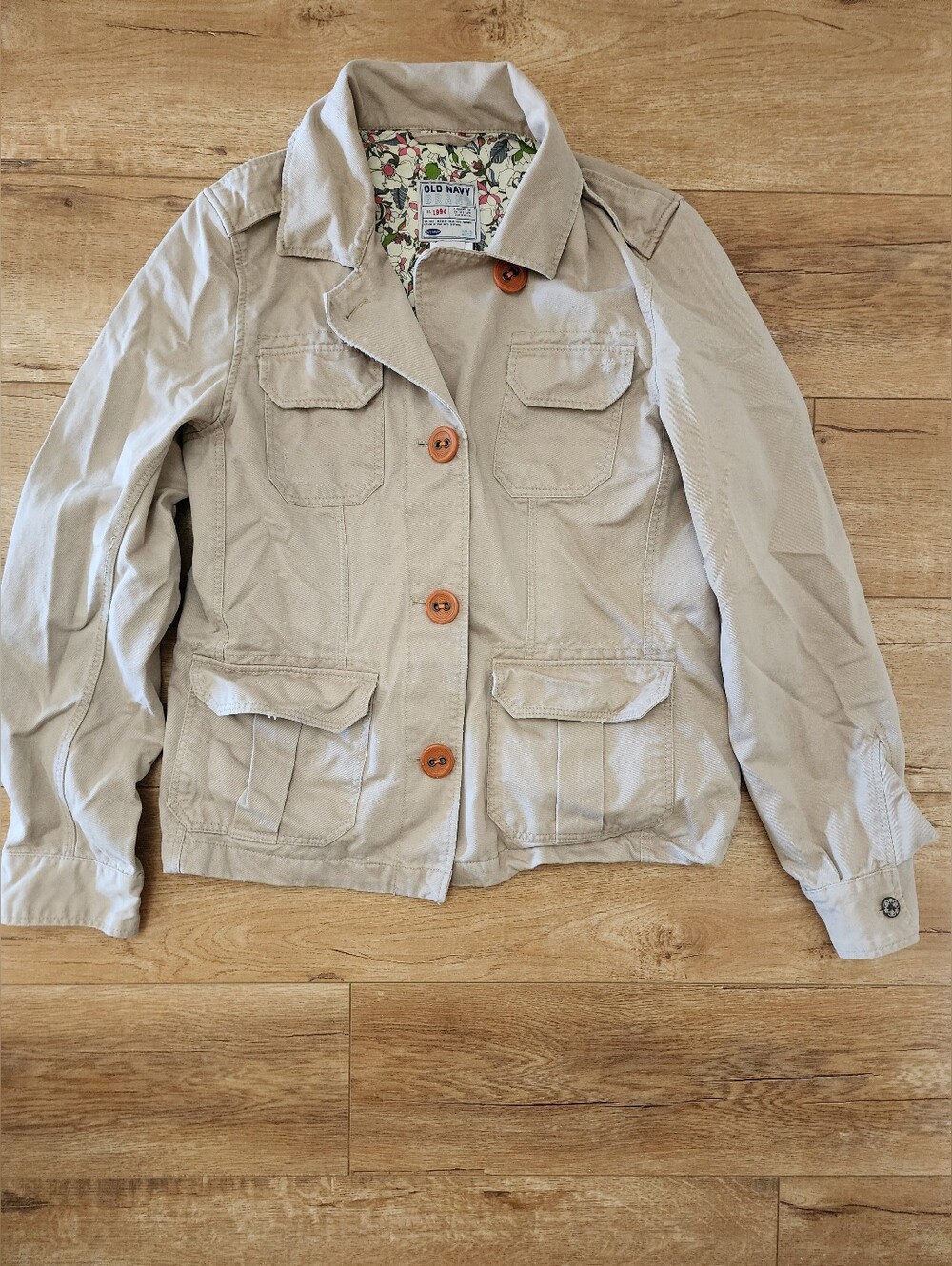 Y2K Old Navy Women's M Denim Jacket Sand Biege Field Trucker Military Distressed